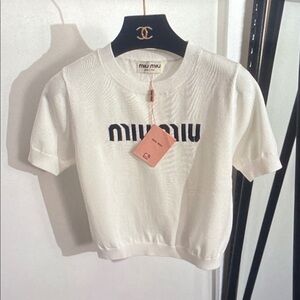 Miu Miu White Knit Logo Tee with Navy Accent